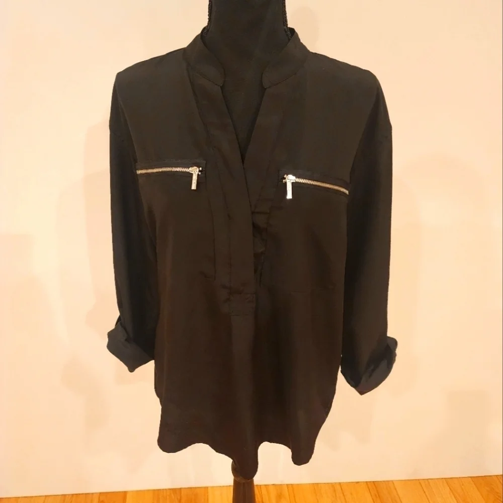 Michael Kors Black Zipper-Pocket Long Sleeve Blouse Size 6